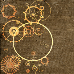 Vintage steampunk background, cogs and gears on grunge old canvas paper