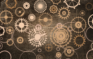 Vintage steampunk background, cogs and gears on grunge old canvas paper