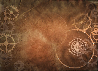 Vintage steampunk background, cogs and gears on grunge old canvas paper