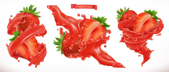 Strawberry juice. Fresh fruit 3d realistic vector icon