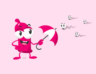 Cute condom mascot with umbrella protects against sperms. Flat design style isolated on light background.