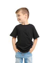 Little boy in t-shirt on white background. Mockup for design