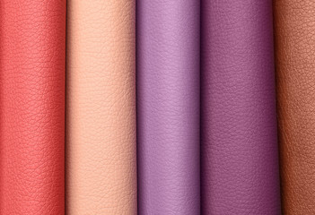 Leather samples of different colors for interior design as background