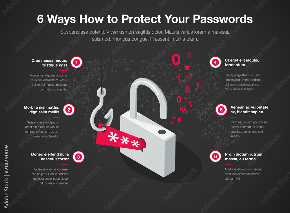 Fototapete simple vector infographic for 6 ways how to protect your passwords template isolated on dark backgro