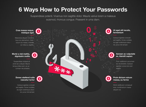 Simple Vector infographic for 6 ways how to protect your passwords template isolated on dark background. Easy to use for your website or presentation.