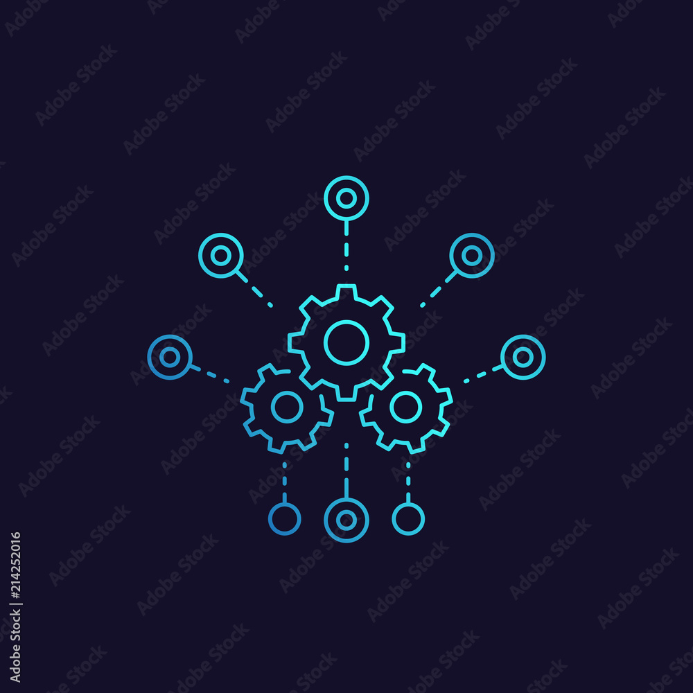 Poster development, software integration, automation vector icon, linear style