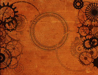 Fototapeta na wymiar Steampunk vintage metal frame background with rusty grunge collage, cogs, dark elements, wheels and gears on paper canvas dirty texture 