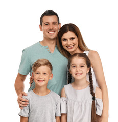 Happy family with children on white background