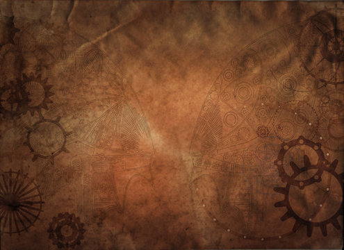 Vintage steampunk background, cogs and gears on grunge old canvas paper