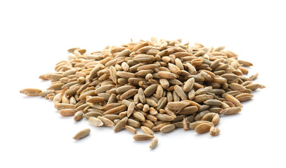 Raw rye on white background. Healthy grains and cereals