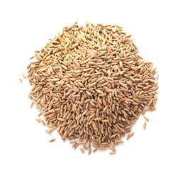 Raw rye on white background. Healthy grains and cereals