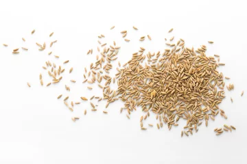 Poster Raw rye on white background. Healthy grains and cereals © New Africa