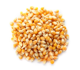 Raw corn kernels on white background. Healthy grains and cereals