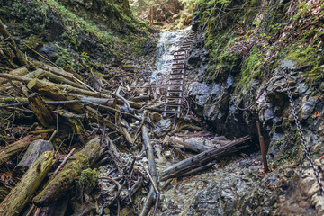 Bocny waterfall, one of the waterfalls of Sucha Bela famous hiking trail in park called Slovak Paradise, Slovakia