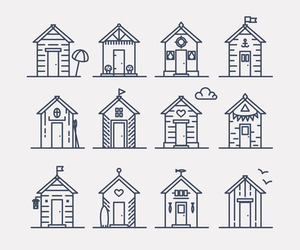 Set of beach hut icons, flat line style, blue and white. Variety of designs with different decoration, bunting, surf board, fish, flower pots, life buoy, paddles, flags. Vector illustration.