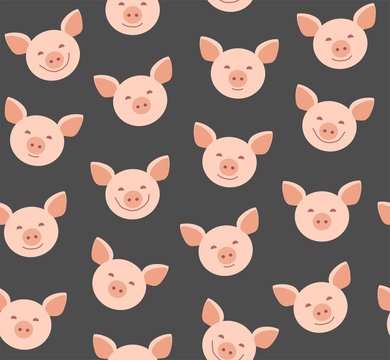 Funny piglets, seamless pattern, gray, vector. Pink faces of pigs on a gray background. Vector flat pattern. Pigs are laughing, different emotions. 