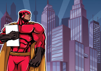 Illustration of powerful superhero holding book, magazine or comics. You can use the copy space on the cover as you wish.   © Malchev