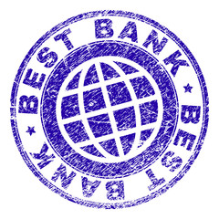 BEST BANK stamp watermark with grunge texture. Blue vector rubber seal print of BEST BANK text with scratched texture. Seal has words placed by circle and planet symbol.