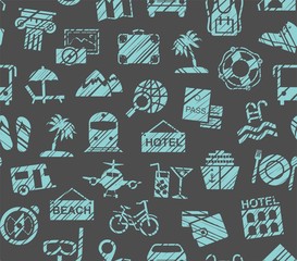 Travel, vacation, Hiking, leisure, seamless pattern, pencil shading, colorful, gray, blue, vector. Different types of holidays and ways of travelling. 
