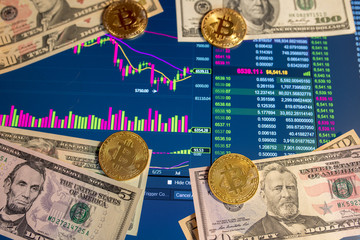 Paper bill five Dollar, USD, blurred background. The electronic schedule of bitcoin on the exchange, volume trades, on the monitor lie gold coins bitcoin.