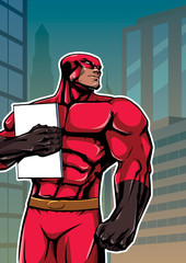 Illustration of powerful superhero holding book, magazine or comics. You can use the copy space on the cover as you wish.  