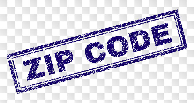 ZIP CODE stamp seal print with scratched style and double framed rectangle shape. Stamp is placed on a transparent background. Blue vector rubber print of ZIP CODE text with scratched texture.