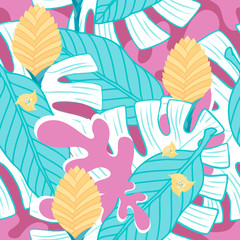 Color graphic seamless pattern from southern tropical plants, leaves and cute flowers for decor, fabrics, wallpaper and design. Trend pastel and neon vector flat illustration, isolated on background.