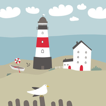 Vector illustration with gull and  lighthouse.