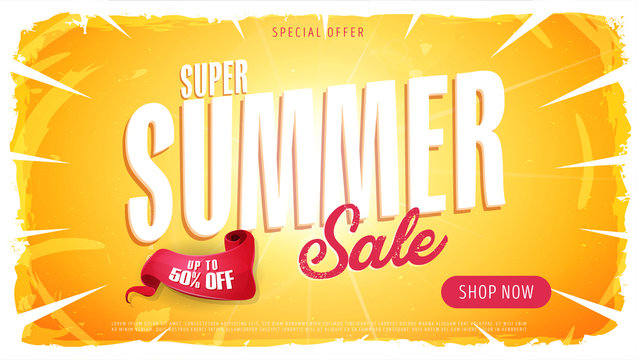 Summer Sale Template Banner/
Illustration of a wide summer sale template banner with colorul elements, typography and grunge frame
