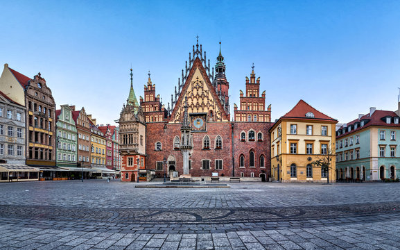 Gothic facade with astrinomical clock of old Town Hall in Wroclaw, Poland
