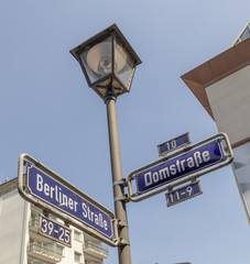 street sign Berliner and Dom Street in Frankfurt