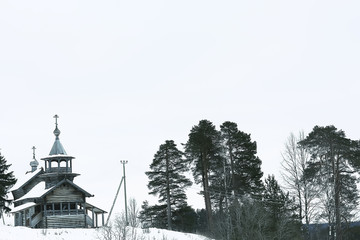 landscape in russian kizhi church winter view / winter season snowfall in landscape with church architecture