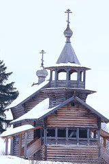 Obraz premium landscape in russian kizhi church winter view / winter season snowfall in landscape with church architecture