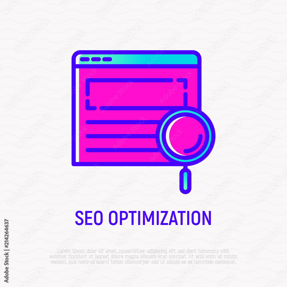 Poster seo optimization thin line icon: magnifier on web page. modern vector illustration.