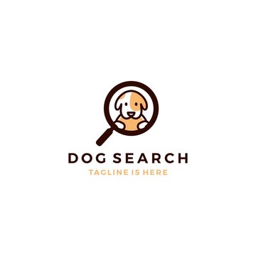 Cute Dog Inside Magnifier Glass Searching Icon Logo Template Vector Illustration