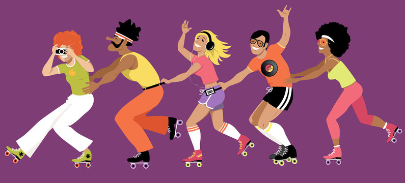 Group of young people dressed in 1970s fashion roller skating, EPS 8 vector illustration