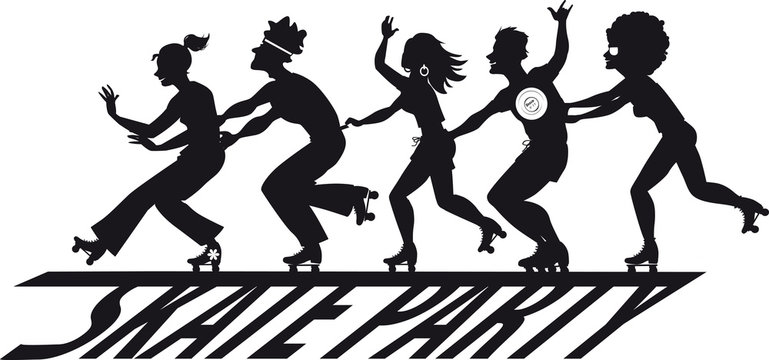 Group of people roller skating over a skate party banner, EPS 8 vector silhouette, no white objects