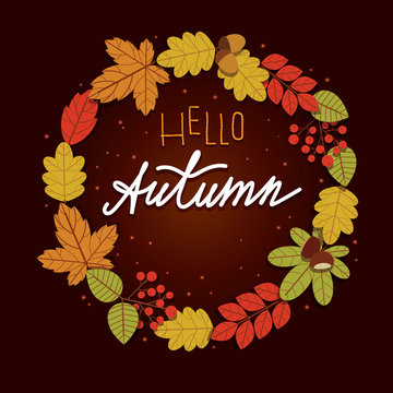 Vector colorful illustration of wreath from leaves with hello autumn inscription. Design of floral frame for autumn sale banners, flyers and advertising. Tree leaves, berries, acorns and chestnuts
