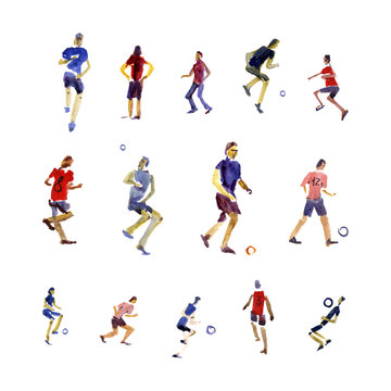Soccer player kicks the ball with paint splatter design. Watercolor illustration modern design template