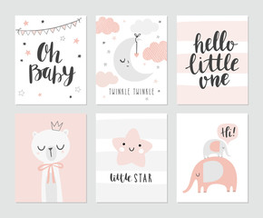Fototapeta Set of cute baby shower cards including moon, clouds, star, elephants, bear and modern calligraphy phrases: hello little one and oh, baby. Vector illustrations for invitations, greeting cards, posters obraz