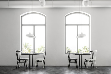 Arched windows white family cafe interior