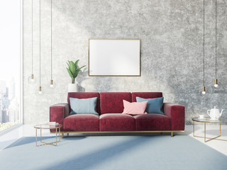 Concrete living room interior, red sofa, poster