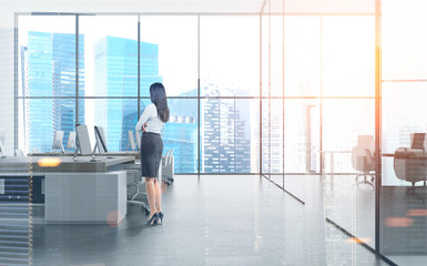 Woman manager in modern office, cityscape double