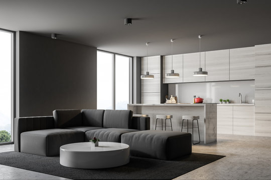 Gray kitchen and living room corner