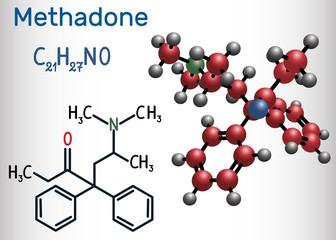 Methadone molecule. It is an opioid, is used as an analgesic, in the treatment of drug addiction. Structural chemical formula and molecule model