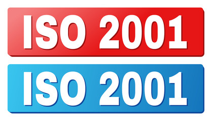 ISO 2001 text on rounded rectangle buttons. Designed with white caption with shadow and blue and red button colors.