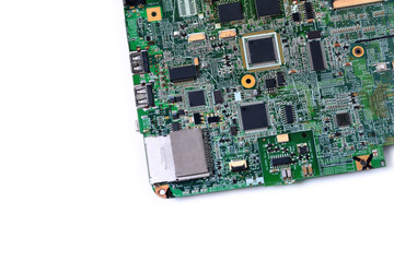 old microcircuit from a laptop, background, on a white background