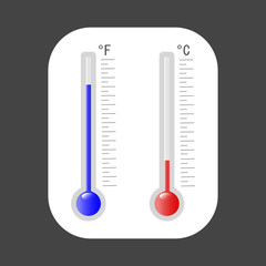 Vector thermometer shows cold and heat in Celsius and Fahrenheit. Meteorological thermometer red and blue colors  colored sticker. Layers grouped for easy editing illustration.  For your design.