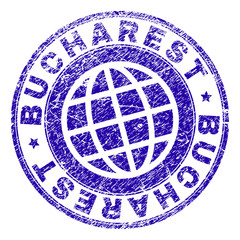 BUCHAREST stamp imprint with distress texture. Blue vector rubber seal imprint of BUCHAREST caption with scratched texture. Seal has words placed by circle and planet symbol.