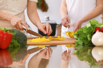 Closeup of human hands cooking in kitchen. Mother and daughter or two female friends cutting vegetables for fresh salad. Healthy meal, vegetarian food and lifestyle concepts